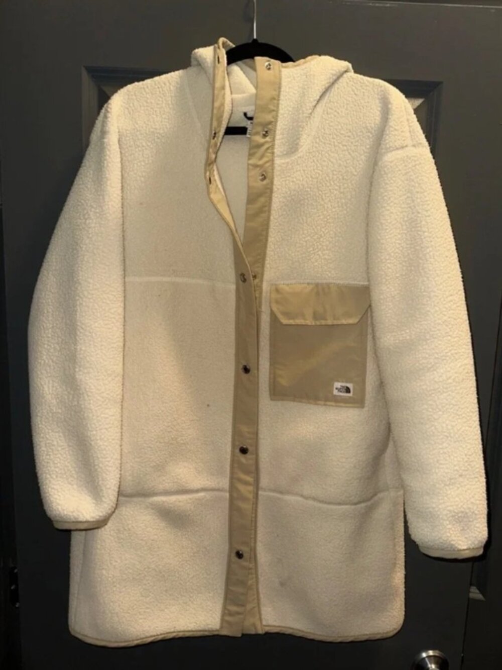 The North Face Cragmont Fleece Coat Size M Cream Hooded Snap Front Teddy Jacket - Picture 3 of 6